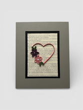 Load image into Gallery viewer, Quilled Heart Wall Art: Red, Pink &amp; Purple Flowers on Book Page
