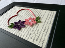 Load image into Gallery viewer, Quilled Heart Wall Art: Red, Pink &amp; Purple Flowers on Book Page
